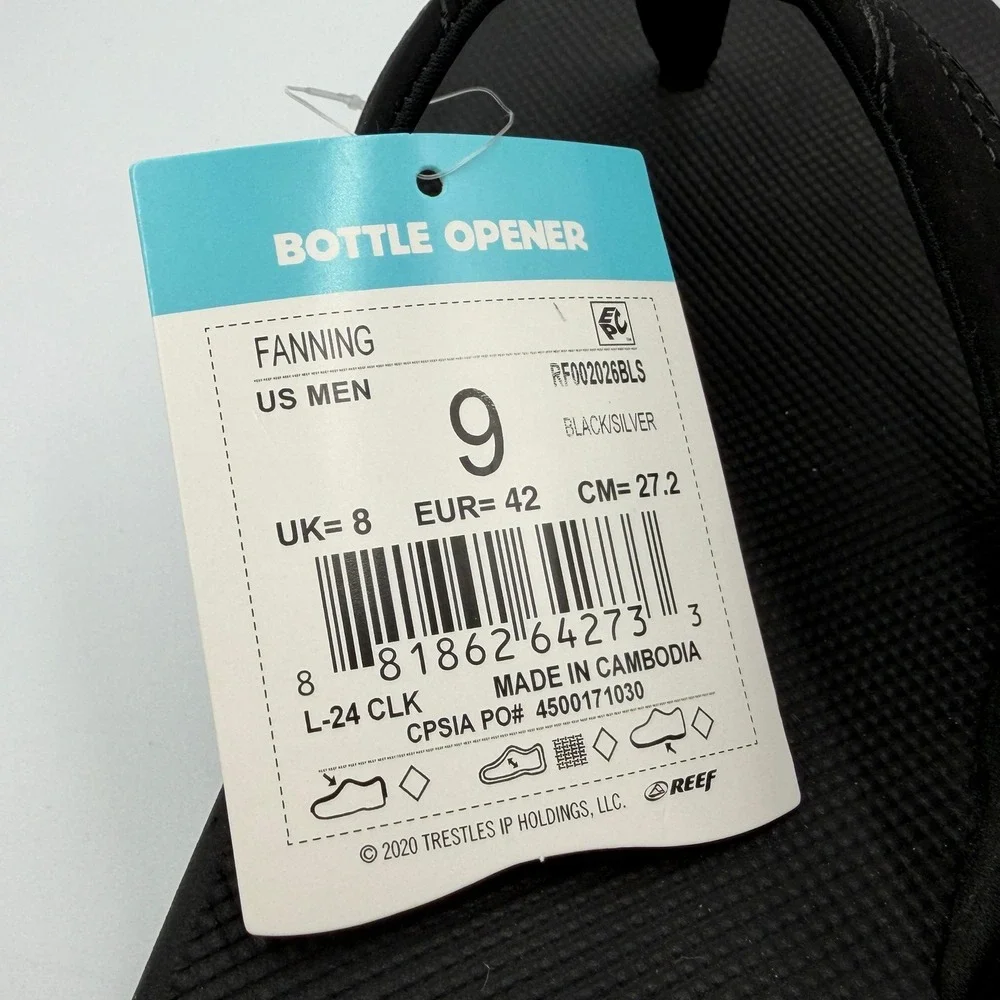 Reef Fanning Flip Flops Mens 9 Black Silver Bottle Opener RF002026BLS **NEW**